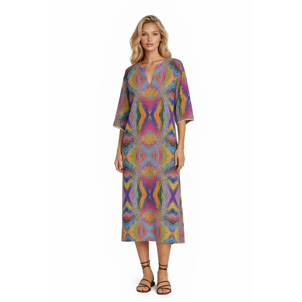 Zara Dress Women's Size Small Multicolor Geometric Open Knit V Neckβ Midi